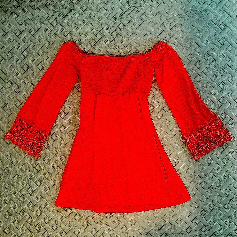 Off-the-Shoulder Red Dress w lace bell sleeves